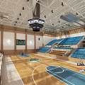Modern Basketball Gymnasium With Blue Spectator Stands Wooden Floor Ceiling Lights And Hanging Scoreboard