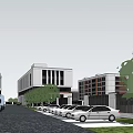 Modern Industrial Factory Building Exterior With Green Grassland Road Pedestrians Vehicles And Blue Sky