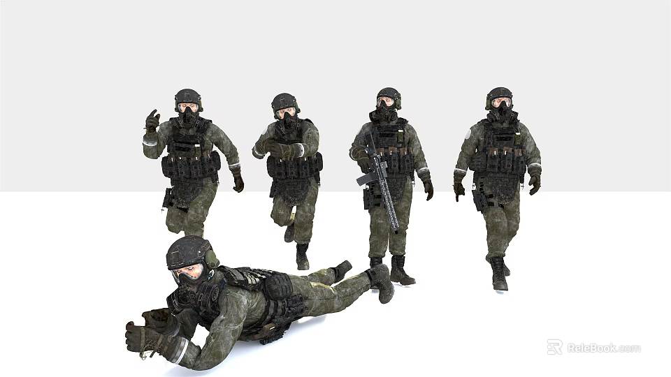 Tactical Soldiers in Military Gear Showing Different Actions Including Standing Running and Crawling 3d model 