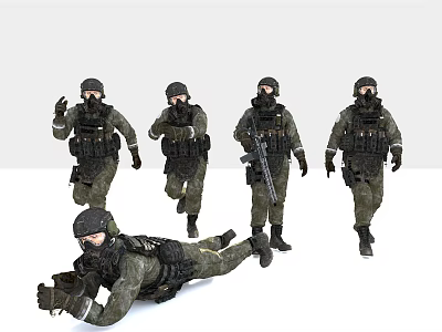 Tactical Soldiers in Military Gear Showing Different Actions Including Standing Running and Crawling 3d model
