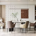 Stylish Modern Restaurant Interior With Rectangular Dining Table Beige Chairs Wall Art And Pendant Lights 3d model