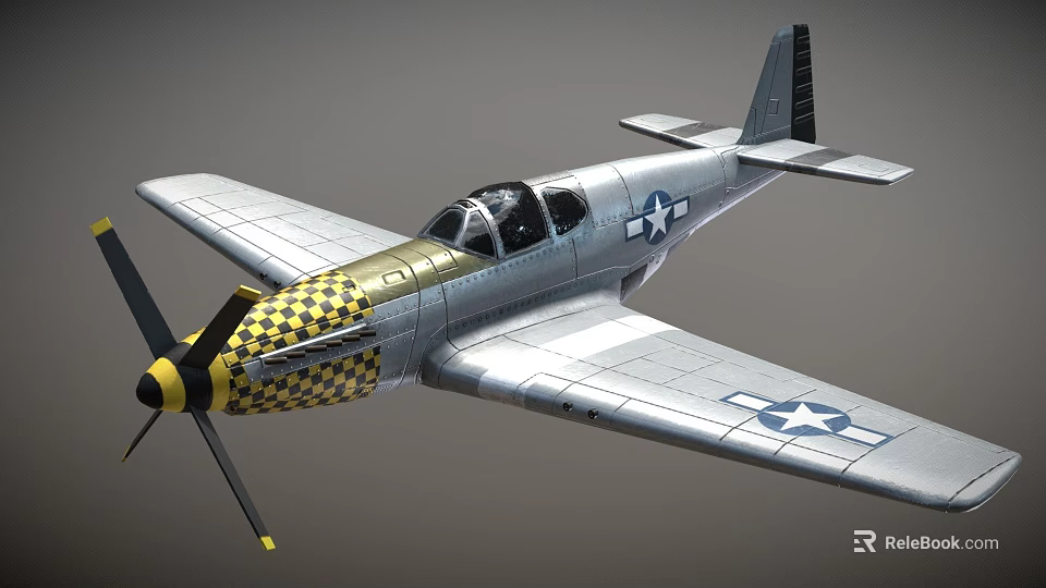 Silver Fighter Aircraft With Yellow Black Checkered Nose Blue Star Emblem On Wings And Propeller 3d model 