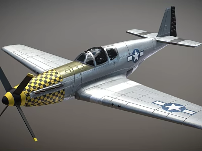 Silver Fighter Aircraft With Yellow Black Checkered Nose Blue Star Emblem On Wings And Propeller 3d model