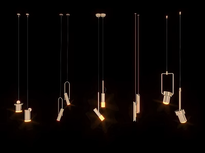 Multiple Modern Pendant Lights With Stylish Designs Glowing In Dark Background 3d model