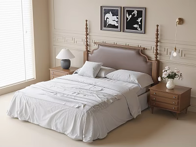 Double Bed with Brown Headboard White Bedspread Pillows Nightstands Table Lamp Flowers and Framed Artworks 3d model