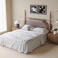 Double Bed with Brown Headboard White Bedspread Pillows Nightstands Table Lamp Flowers and Framed Artworks