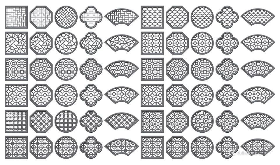 Traditional Chinese Lattice Windows With Various Intricate Classic Patterns And Decorative Designs 3d model 
