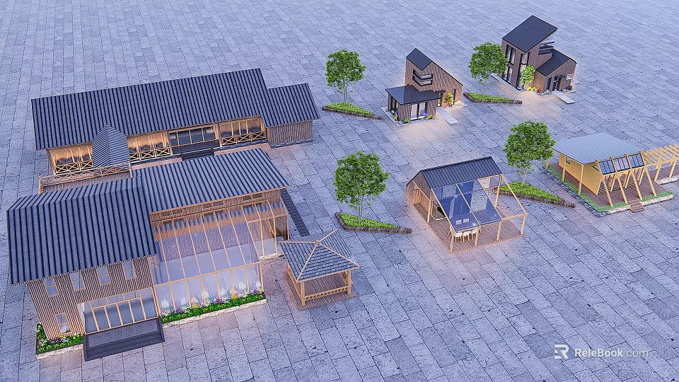 Traditional Detached Villas With Dark Roofs Glass Sections Stone Pavement And Trees 3d model 