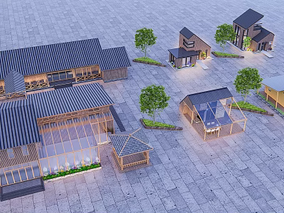 Traditional Detached Villas With Dark Roofs Glass Sections Stone Pavement And Trees 3d model