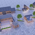 Traditional Detached Villas With Dark Roofs Glass Sections Stone Pavement And Trees