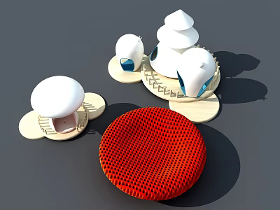 Playground Design With White Mushroom Shaped Structures Red Mesh Circular Object And Wooden Bases 3d model