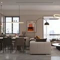 Modern Living and Dining Room Interior With Beige Sofa Round Coffee Table Chandelier Dining Table