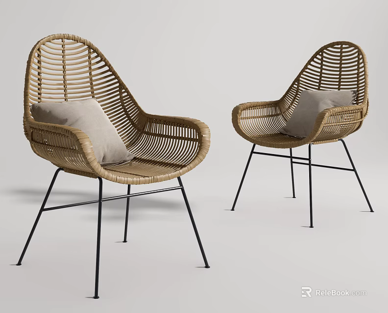 Modern Wicker Leisure Chairs With Black Metal Legs And Light Colored Cushions 3d model 