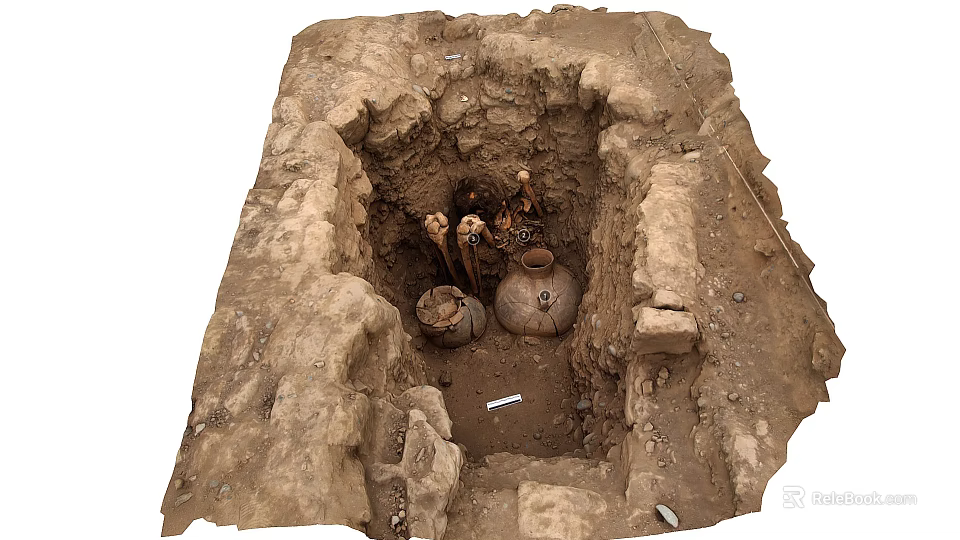 Ancient Archaeological Excavation Site With Earthen Structure Pottery Jars And Skeletal Remains 3d model 