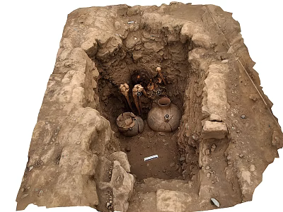 Ancient Archaeological Excavation Site With Earthen Structure Pottery Jars And Skeletal Remains 3d model