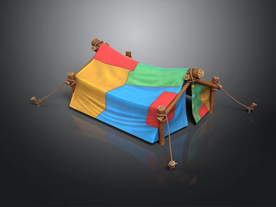 Colorful Kids Play Tent Furniture with Patchwork Fabric and Wooden Frames 3d model