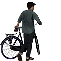 Man Standing Next to Vintage Bicycle with Basket Rear Seat in Dark Shirt
