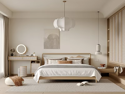 Minimalist Bedroom Interior With Wooden Headboard Pendant Light Wall Art Bedside Cabinets And Area Rug 3d model
