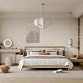 Minimalist Bedroom Interior With Wooden Headboard Pendant Light Wall Art Bedside Cabinets And Area Rug