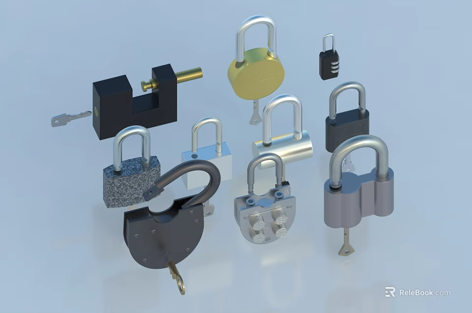 Door Handles With Various Lock Designs And Key Accessories Displayed 3d model