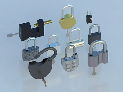 Door Handles With Various Lock Designs And Key Accessories Displayed 3d model