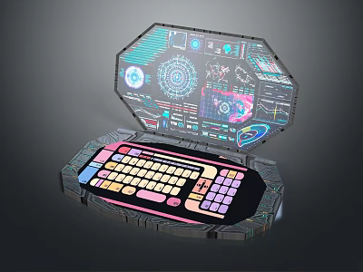 Octagonal Shaped Futuristic Laptop With Colorful Keyboard And Holographic Display Screens 3d model