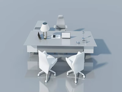 Modern Office Interior Featuring Stylish White Swing Door With Desk Chair And Laptop 3d model