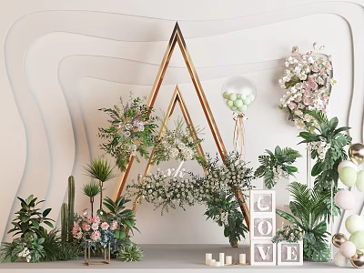 Floral Display with Golden Triangular Frame Green Plants Pink White Flowers and LOVE Decor Elements 3d model