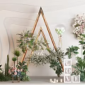 Floral Display with Golden Triangular Frame Green Plants Pink White Flowers and LOVE Decor Elements