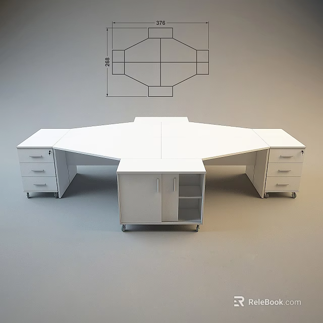 Modern Hexagonal Office Desk With Drawers Cabinets And Structure Diagram 3d model 
