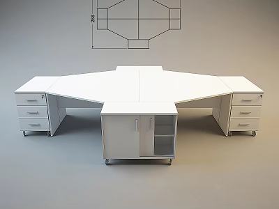 Modern Hexagonal Office Desk With Drawers Cabinets And Structure Diagram 3d model