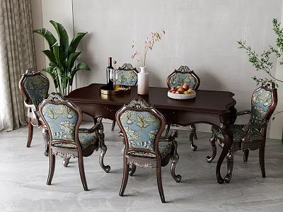 Classic Dining Table Set with Upholstered Chairs Floral Vase Fruit Bowl and Green Plants 3d model