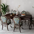 Classic Dining Table Set with Upholstered Chairs Floral Vase Fruit Bowl and Green Plants