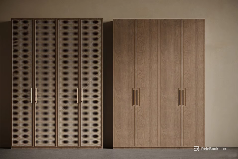 Minimalist Wooden Wardrobe Featuring Grid Pattern Doors And Smooth Panel Design 3d model 