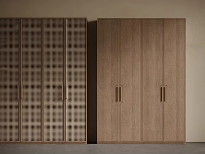 Minimalist Wooden Wardrobe Featuring Grid Pattern Doors And Smooth Panel Design 3d model