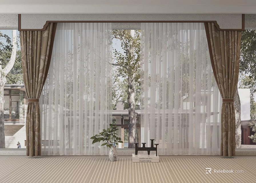 Modern Sheer Curtains With Brown Side Panels And Tiebacks For Window View 3d model 