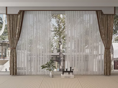 Modern Sheer Curtains With Brown Side Panels And Tiebacks For Window View 3d model