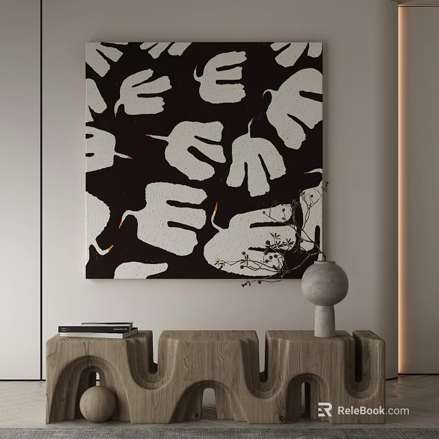 Black And White Abstract Painting With Leaf Shapes On Interior Wall And Wooden Side Table 3d model 