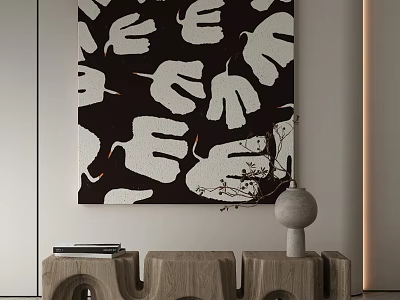 Black And White Abstract Painting With Leaf Shapes On Interior Wall And Wooden Side Table 3d model