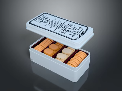 Open White Decorative Storage Box Filled With Assorted Cookies And Text Design 3d model