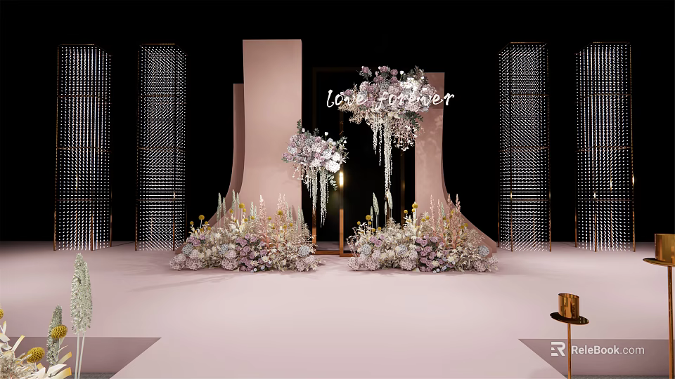Elegant Wedding Stage With Pink Backdrop Crystal Hangings And Flower Decorations 3d model 