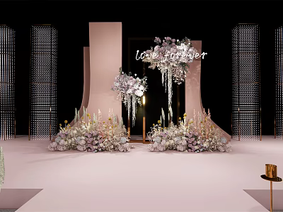 Elegant Wedding Stage With Pink Backdrop Crystal Hangings And Flower Decorations 3d model