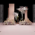 Elegant Wedding Stage With Pink Backdrop Crystal Hangings And Flower Decorations