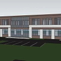 Modern Commercial Building Exterior With Large Glass Windows Entrance Green Lawn And People Walking