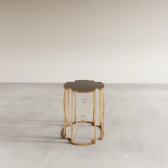 Modern Round Side Table With Gold Metal Geometric Frame And Black Top 3d model 