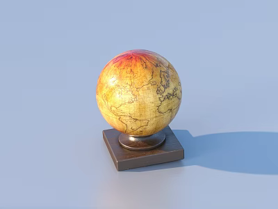 Vintage Decorative Globe With Yellow Red Surface And Square Wooden Base 3d model