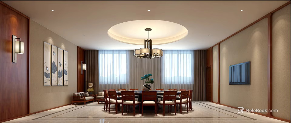 Elegant Chinese Private Dining Box Interior With Round Table And Decorative Chandelier 3d model