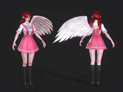 Woman With Red Hair And White Wings In Pink School Uniform Dress 3d model