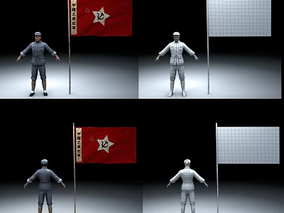 Game Movie Characters in Gray White Uniforms with Red Flag and White Star 3d model