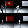 Game Movie Characters in Gray White Uniforms with Red Flag and White Star